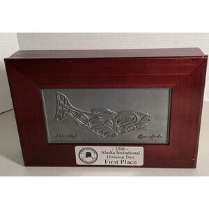 2006 Alaska Invitational Golf Fish Trophy Wood Box Lid Salmon&Eagle-Roxana Leask